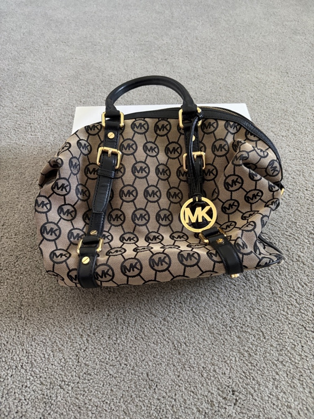 Michael Kors Brown and Black Signature Dome Satchel with Gold Hardware
